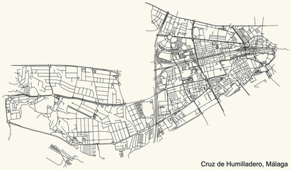Fototapeta na wymiar Black simple detailed street roads map on vintage beige background of the quarter Cruz de Humilladero district of Malaga, Spain