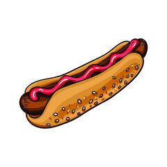 Delicious hand drawn vector hot dog with mustard. Sausage in bread with sauce. Print with mouth-watering fast food.