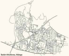 Black simple detailed street roads map on vintage beige background of the quarter Bailén-Miraflores district of Malaga, Spain