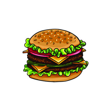 Delicious hand drawn vector burger with tomatoes, cucumbers, salad, meat and cheese. Bread vegetables with cutlet. Print with mouth-watering fast food.
