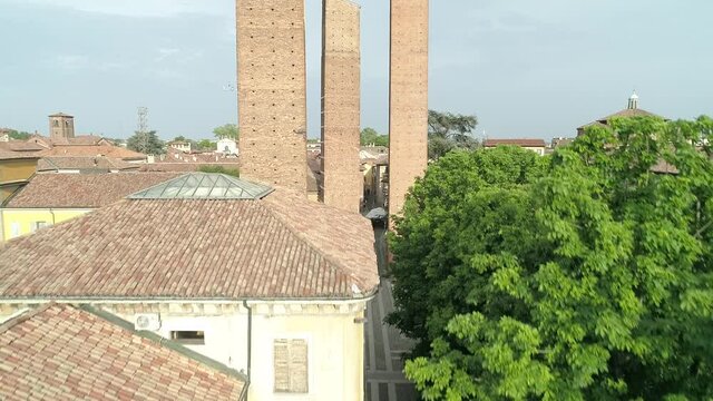 Aerial footage drone view of monuments and skyline of Pavia, beautiful old city town in Italy // no video editing
