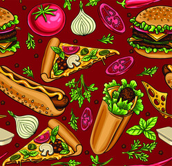 Delicious hand drawn vector hamburger, cheeseburger, hot dog, pizza, roll with salad, cheese and meat. Tomatoes, onions, and Provencal herbs. Stylish seamless pattern with fast food. 