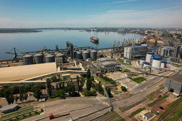 Bulk Terminal of port Mykolaiv and city view from sky