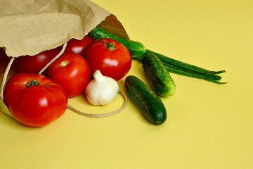 Vegetables in a paper bag fell out to the surface. Tomatoes, cucumbers, onions, garlic, front view, copy space.