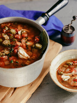 Seafood gumbo on counter in bowl