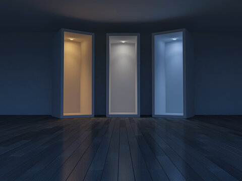 3D rendering image of 3 boxes which different light effect.