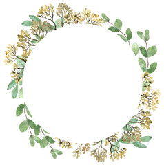 Watercolor summer greenery frame. Seeded eucalyptus branches, spring greenery. Wedding floral invitation frame.