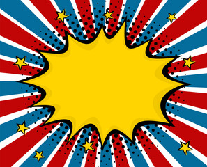 Obraz premium Bright pop art burst picture in USA flag colors. Comic Speech Bubble with explosion. Cartoon frame for social media post template by July 4th or Election Day. Vector illustration