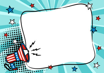 Comic empty speech bubble with shout for USA Independence Day or Election. Pop art vector illustration by July 4th in national colors of United States of America.