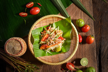 somtum spicy salad or papaya salad this thaifood in a top view Asia foods