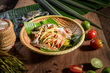 somtum spicy salad or papaya salad this thaifood in a top view Asia foods