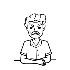 Angry old man sits with crossed arms. Negative gesture and discontent. Bad emotions. grumpy senior and Unpleasant look. Drawn black and white sketch cartoon illustration.