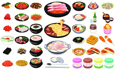 韓国の人気料理・グルメアイコン①（焼肉、チーズダッカルビ、ヤンニョムチキン、トゥンカロン）
