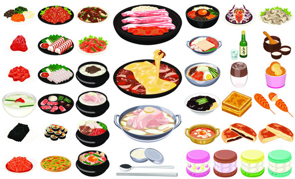 韓国の人気料理 グルメアイコン 焼肉 チーズダッカルビ ヤンニョムチキン トゥンカロン Stock Vector Adobe Stock