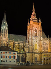 Tower of St. Vitus Cathedral at night, Prague, Czech Republic