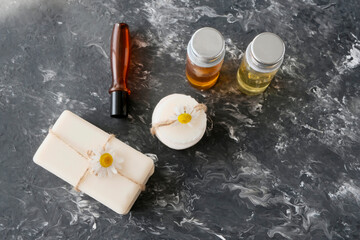 Handmade chamomile natural soap, spa and beautiful body concept. Cosmetic procedures using soap....