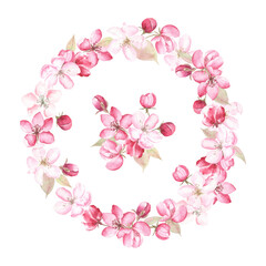 Floral wreath of apple blossom with the small flower arrangement in the center. Watercolor illustration, white isolated background. For wedding and birthday decor, invitations, cards, plates.
