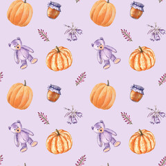 Cute seamless pattern with teddy bears, pumpkins, honey pots, bluebells and heather. Watercolor hand painted elements on light lavender background. Perfect for late summer and early autumn.