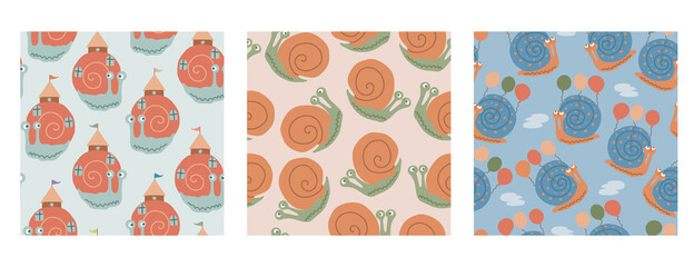 Set of three simple childish seamless patterns with different snails: with ballons; with houses and flags on colorful backgrounds