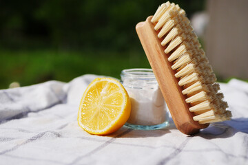 Eco friendly house cleaning products. Lemon and baking soda. Handmade washing powder. 