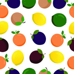 Vector fruits seamless pattern: plum, orange, lime, lemon, peach.
 For print textiles, prints, clothers, posters.