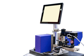 Drill bit or workpiece during inspection or measuring dimension by precision laser system unit with screen monitor in industrial work isolated with clipping path