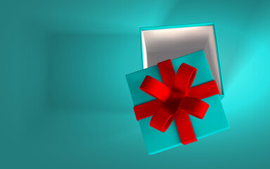 3D render and draw by mesh realistic gift box with red bow. Paper box with red ribbon and shadow isolated on blue background. Vector illustration