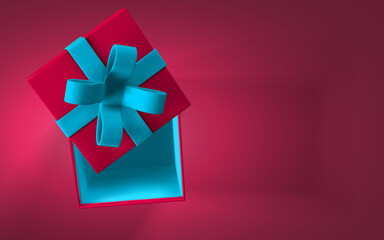 3D render and draw by mesh realistic gift box with blue bow. Paper red box with blue ribbon and shadow. Vector illustration