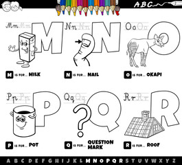 cartoon alphabet letters set from M to R coloring book page