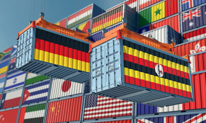 Freight containers with Germany and Uganda flag. 3D Rendering 