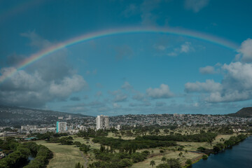 Rainbow over Ala Wai Golf Course. Ala Wai Canal. Waikiki, Honolulu, Oahu, Hawaii. 