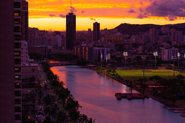 Ala Wai Canal. Beautiful sky after sunset. Waikiki, Honolulu, Oahu, Hawaii. 