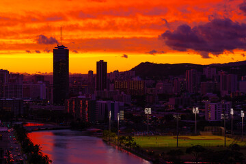 Ala Wai Canal. Beautiful sky after sunset. Waikiki, Honolulu, Oahu, Hawaii. 