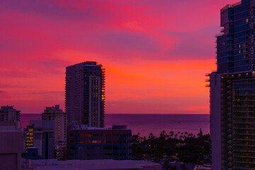 Trump International Hotel Waikiki. Beautiful sky after sunset. Waikiki, Honolulu, Oahu, Hawaii. 