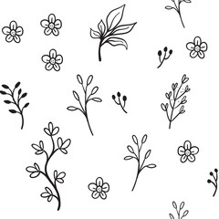 Floral and herbal ornaments seamless pattern. Hand drawn leaves and branches texture background. Nature doodles decoration.