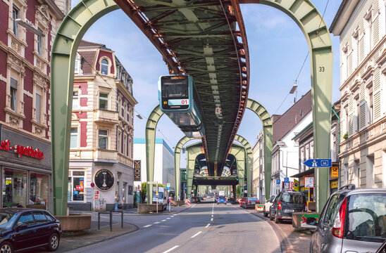 Schwebebahn in Wuppertal, Germany the oldest in the world electric elevated railway with hanging cars. June 2021