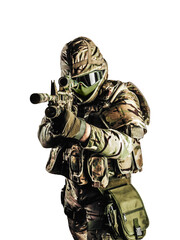 Isolated photo of military soldier in ammunition armored clothing aiming rifle on white background.