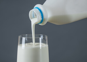 Kefir. Plain kefir pouring into a glass. White bottle with Yogurt. Organic milk product. Probiotic...