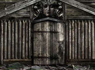 Photo of evil witch fantasy old-fasioned ancient wooden cabin entrance door and fence made of wood...