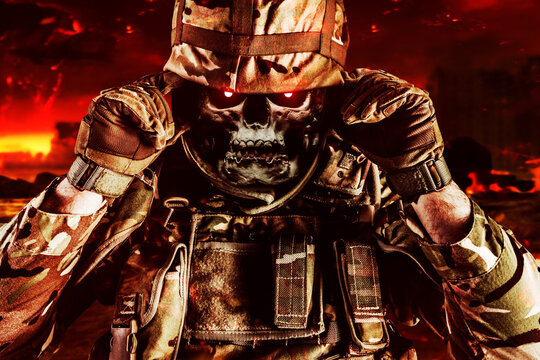 Photo of armored undead zombie soldier face standing on red toned burning battlefield background.