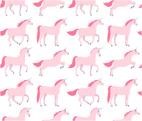 Vector seamless pattern of flat cartoon hand drawn unicorn isolated on pink background