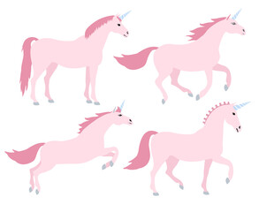 Vector set of flat cartoon hand drawn pink unicorn isolated on white background