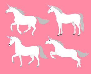 Vector set of flat cartoon hand drawn unicorn isolated on pink background