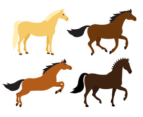 Vector set of flat cartoon hand drawn horse isolated on white background