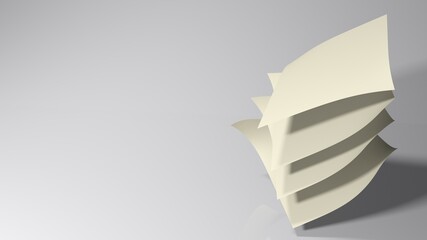 Sheets of paper falling over a white desk - 3D rendering illustration