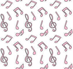 Vector seamless pattern of pink hand drawn doodle sketch music notes isolated on white background