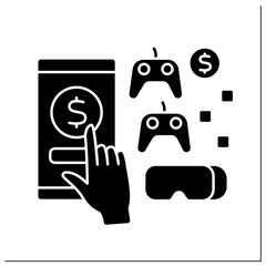 Gaming glyph icon. Online donations in virtual reality world. Joysticks and goggles.Virtual tips concept. Filled flat sign. Isolated silhouette vector illustration