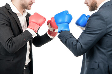 Professional men cropped view in business suits stand in fighting position isolated on white, boxing
