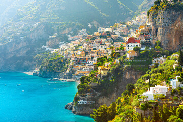 Morning view of Positano cityscape on coast line of mediterranean sea, Italy