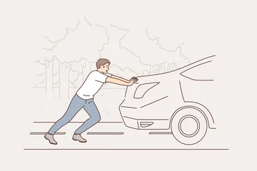 Foto op Canvas Car breakdown and service concept. Tired young man cartoon character pushing broken damaged car vehicle on road to service repairing vector illustration  © Dzianis Vasilyeu